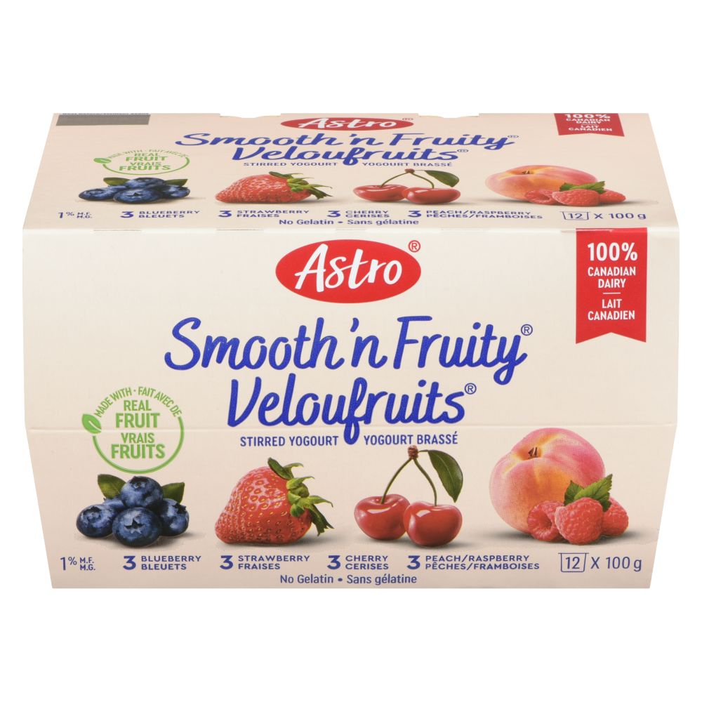 Astro Blueberry, Strawberry, Cherry, Peach/Raspberry Stirred Yogourt 1% M.F. 12x100g