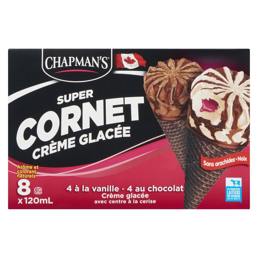 Chapman's Super cornets de crème glacée vanille et chocolat avec centre cerise 8x120ml