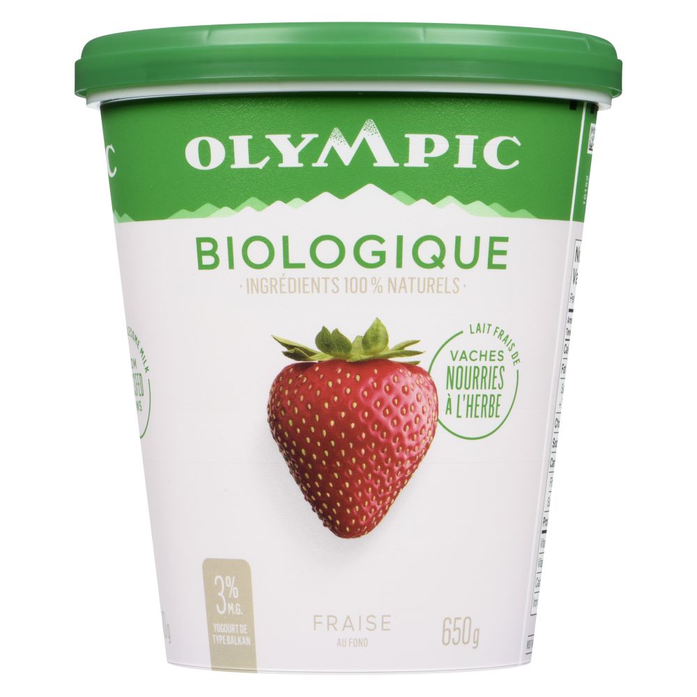 Olympic Yogourt biologique fraise de type balkan 3% M.G. 650g