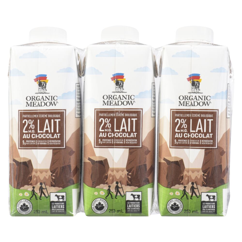 Organic Meadow Lait partiellement écrémé au chocolat biologique UHT 2% M.G. 3x250ml