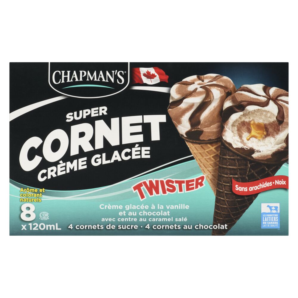Chapman's Super cornets de crème glacée Twister vanille et chocolat avec centre au caramel salé 8x120ml