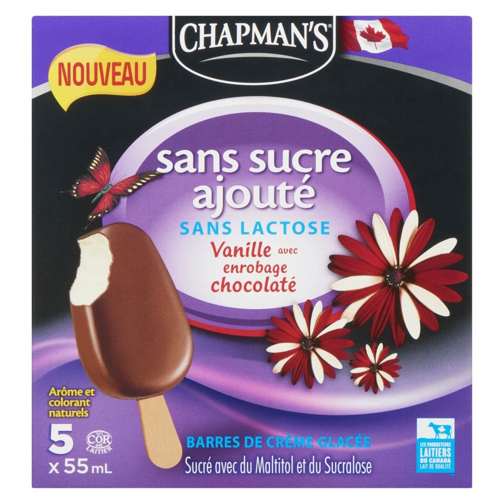 Chapman's Barres de crème glacée sans sucre ajouté sans lactose vanille avec enrobage chocolaté 5x55ml