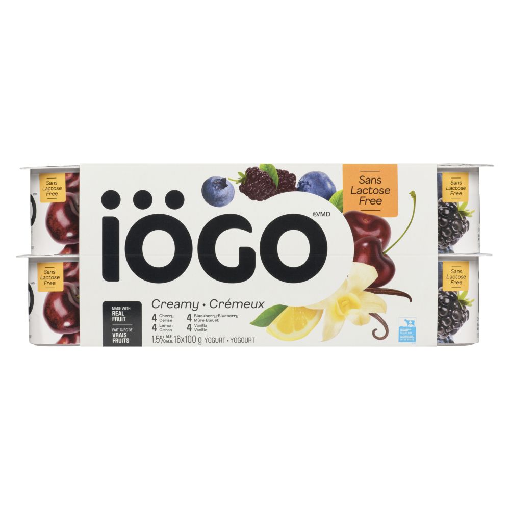Iögo Lactose Free Cherry, Blackberry-Blueberry, Lemon, Vanilla Yogurt 1.5% M.F. 16x100g