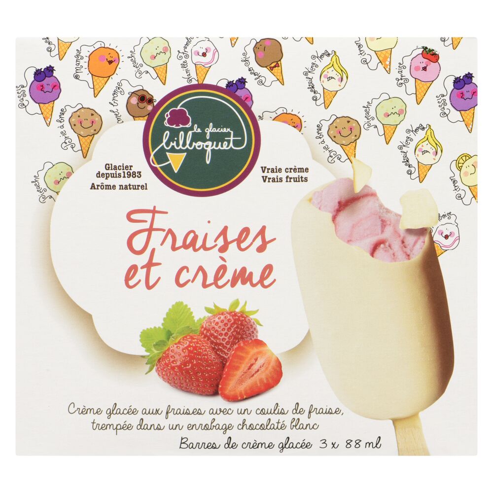 Le glacier bilboquet Barres de crème glacée fraise et crème 3x88ml