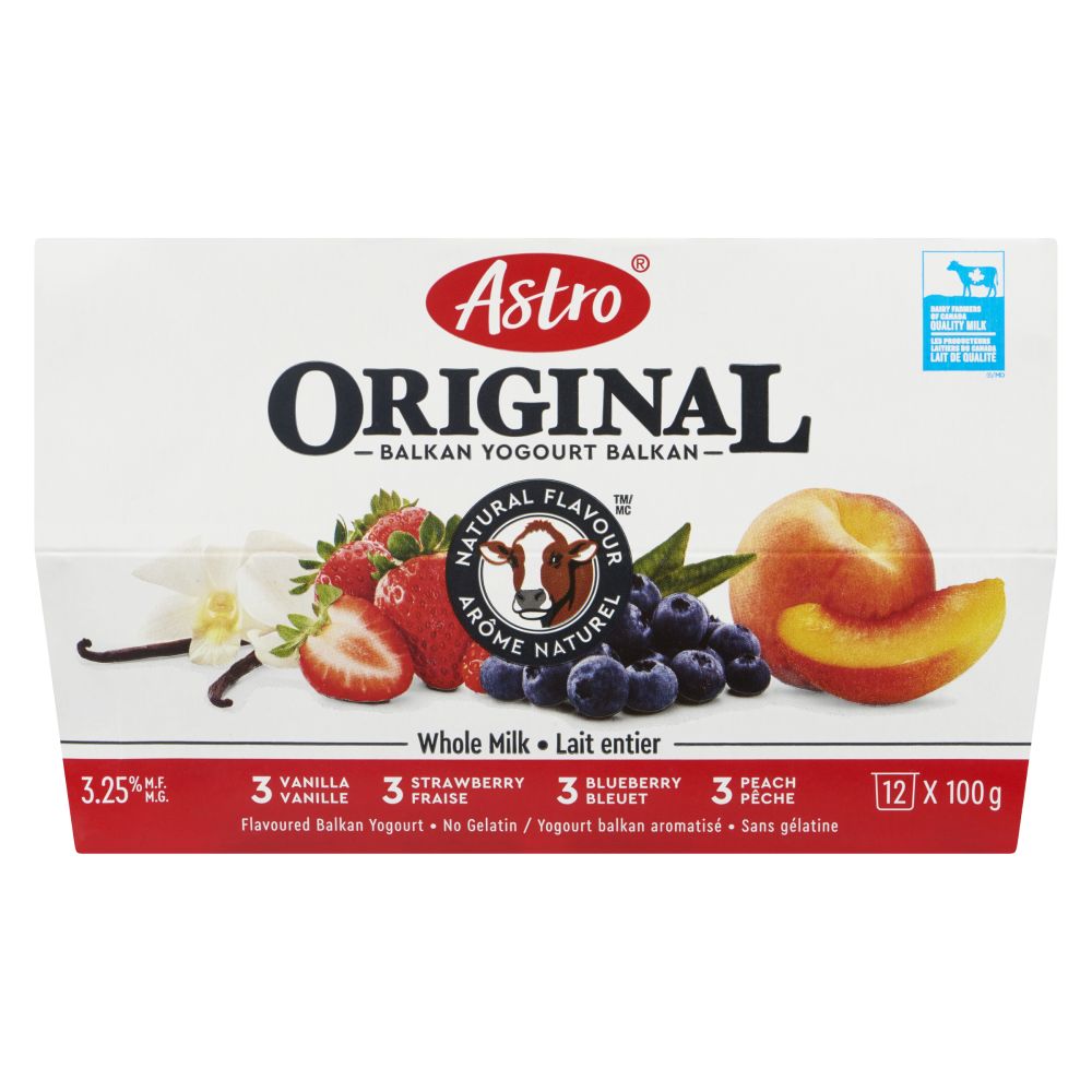 Astro Vanilla, Strawberry, Blueberry, Peach Balkan Yogourt 3.25% M.F. 12x100g