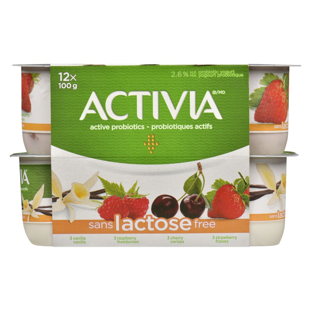 Activia Lactose Free Vanilla Raspberry Cherry Strawberry Probiotic Yogurt 2.9% M.F. 12x100g