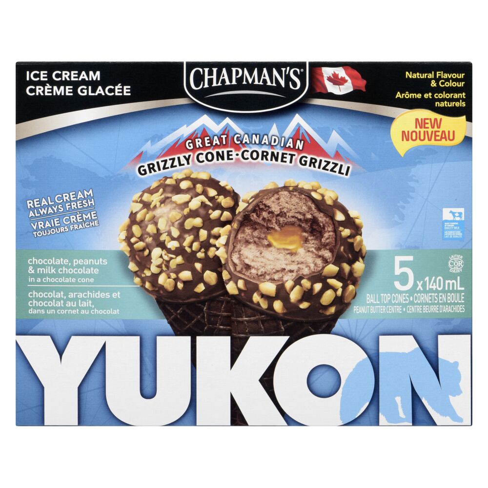 Chapman's Yukon Grizzly Cone Chocolate, Peanut Butter, Peanuts & Milk Chocolate Ice Cream Cones 5x140ml