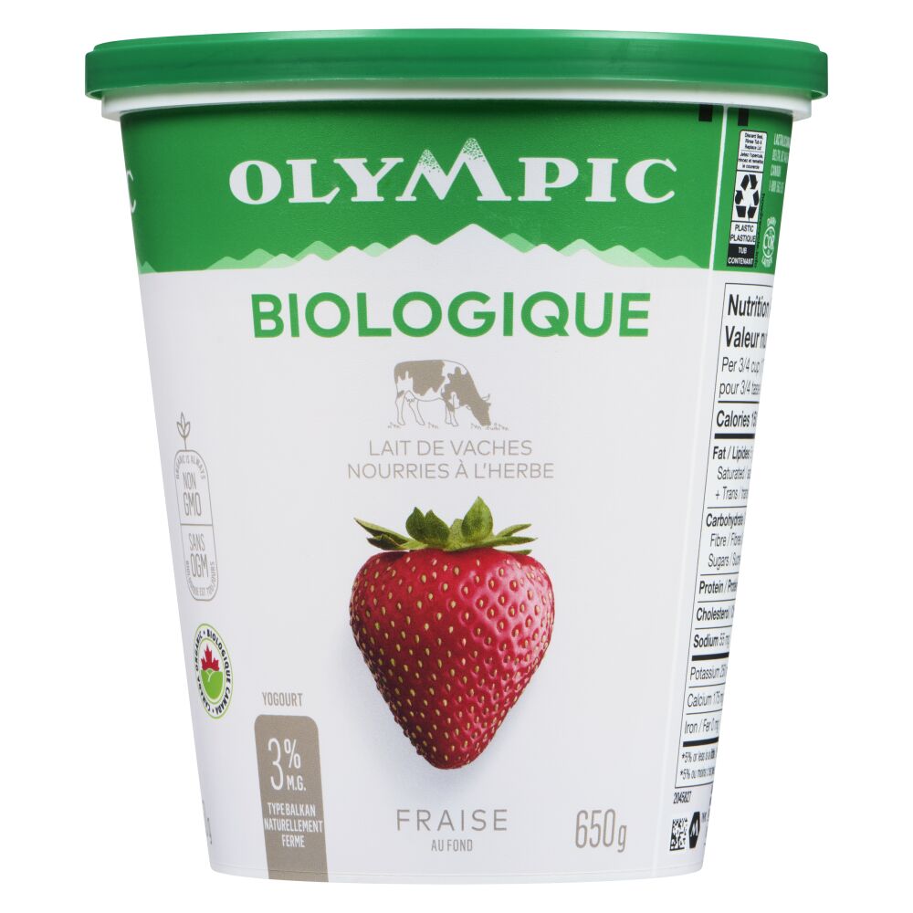 Olympic Yogourt biologique fraise de type balkan 3% M.G. 650g