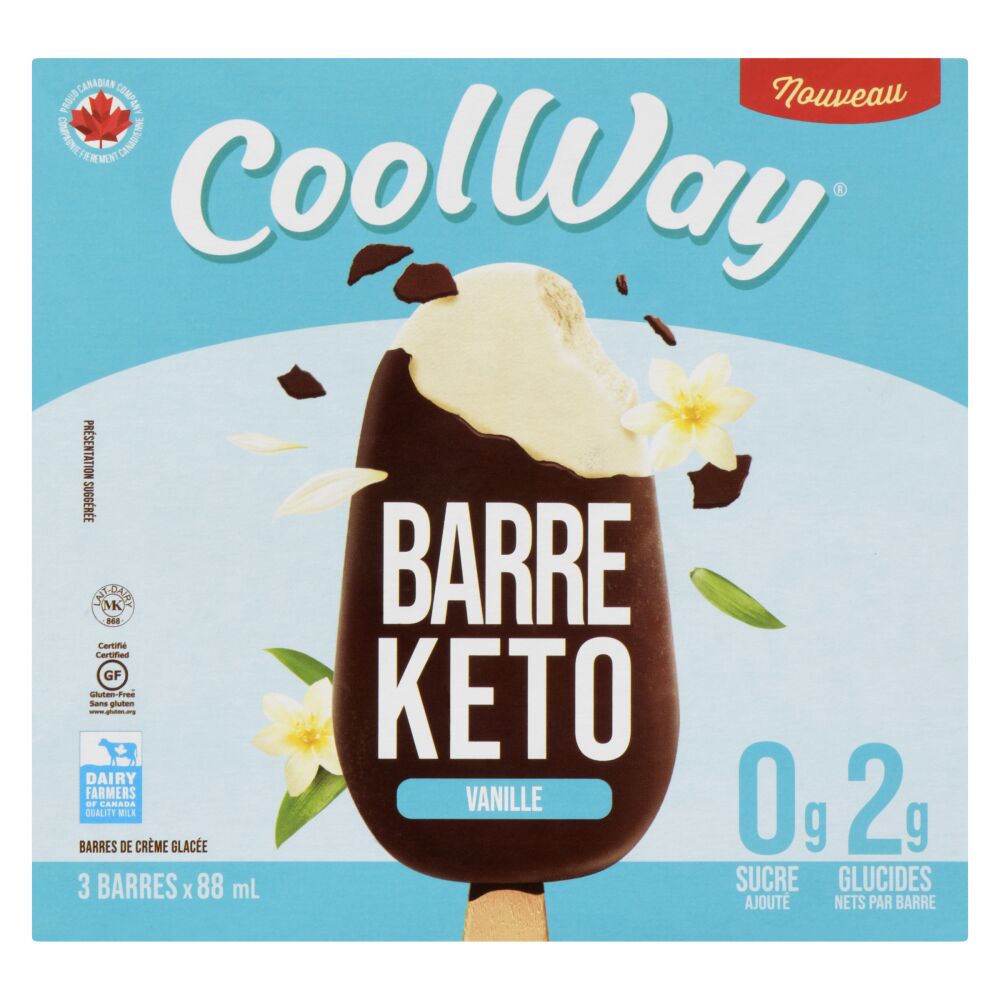 Coolway Barres de crème glacée keto à la vanille enrobée de chocolat 3x88ml