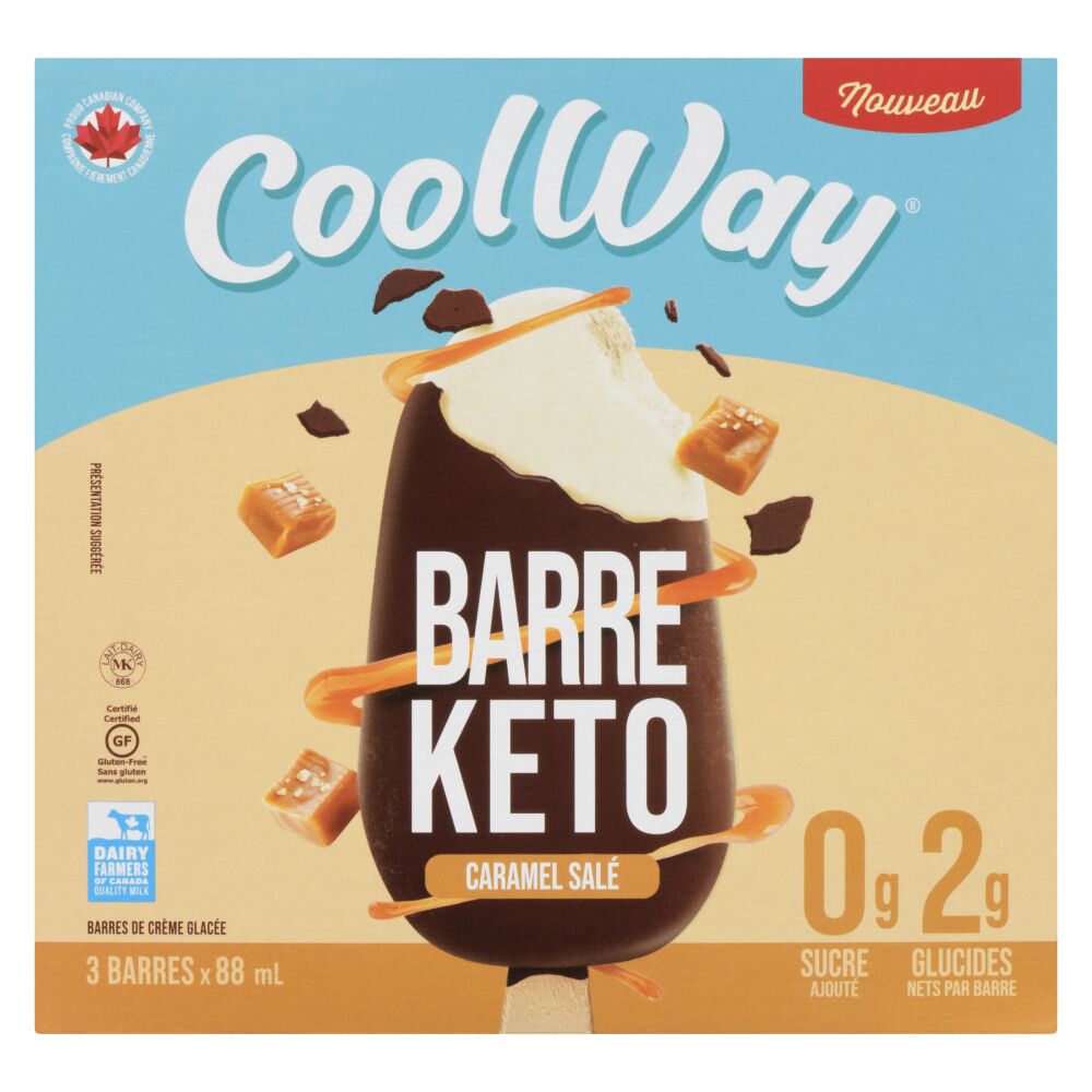 Coolway Barres de  crème glaclée keto au caramel salé enrobée de chocolat 3x88ml