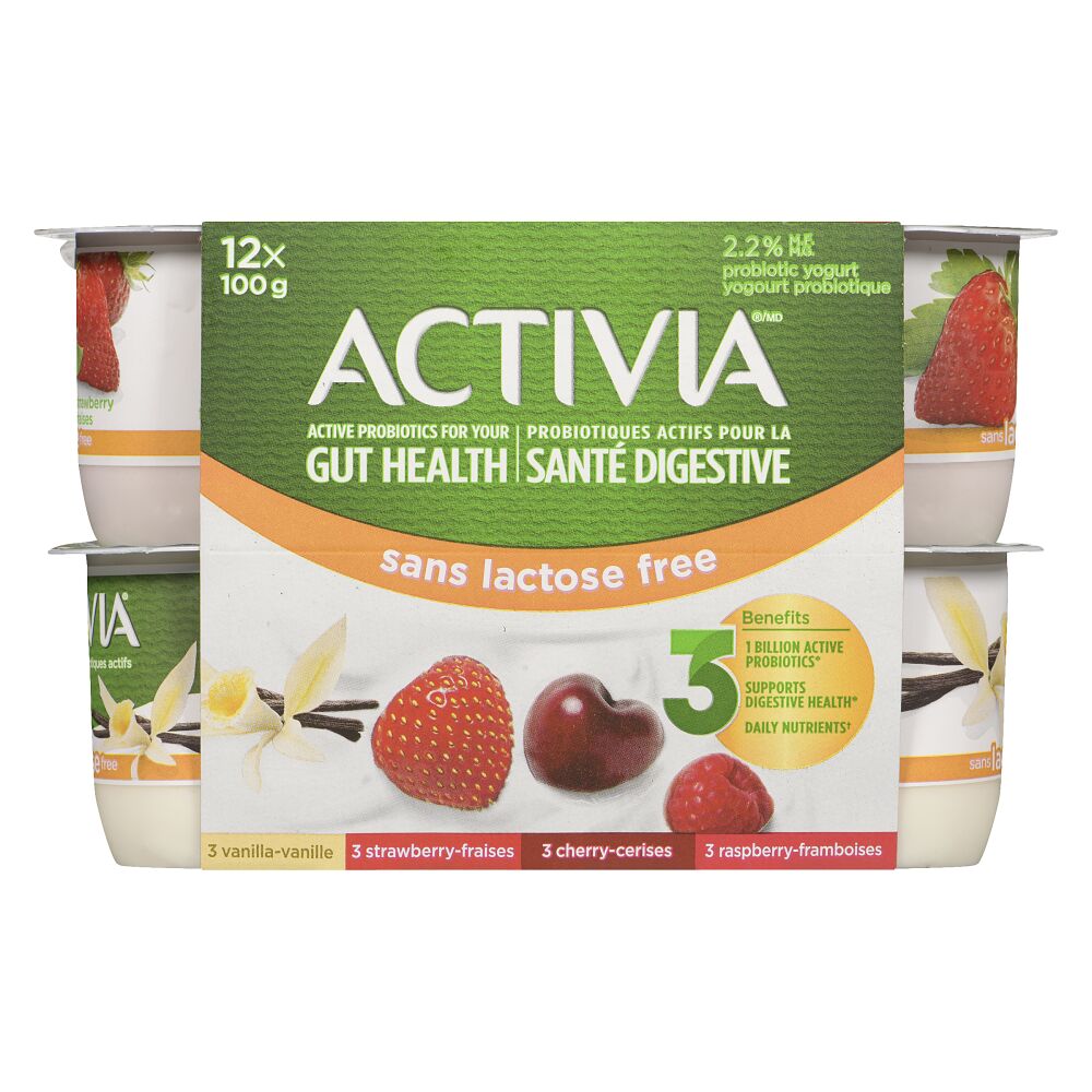 Activia Lactose Free Vanilla Raspberry Cherry Strawberry Probiotic Yogurt 2.9% M.F. 12x100g