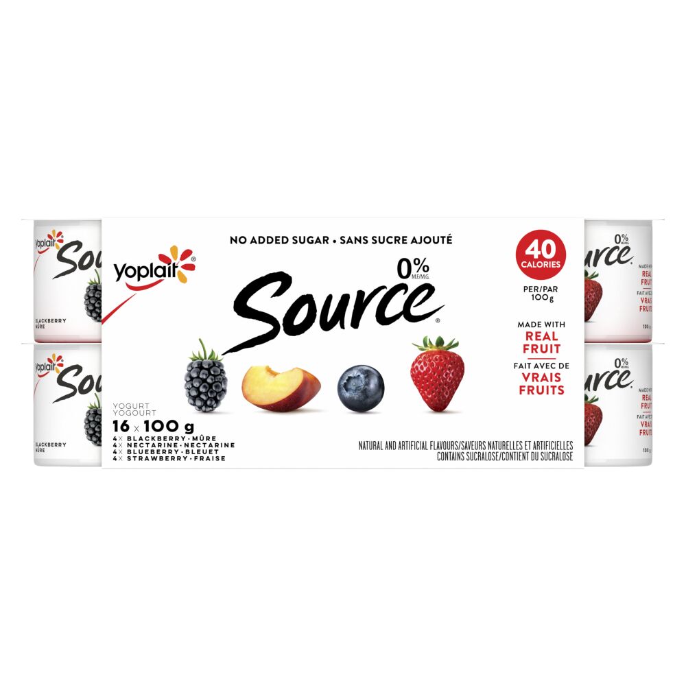 Yoplait Source No Sugar Added Blackberry, Nectarine, Blueberry, Strawberry Yogurt 0% M.F. 16x100g
