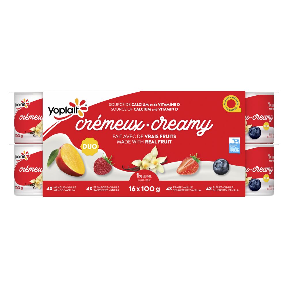 Yoplait Creamy Creamy Duo Mango-Vanilla Raspberry-Vanilla Strawberry-Vanilla Blueberry-Vanilla Stirred Yogurt 1% M.F. 16x100g