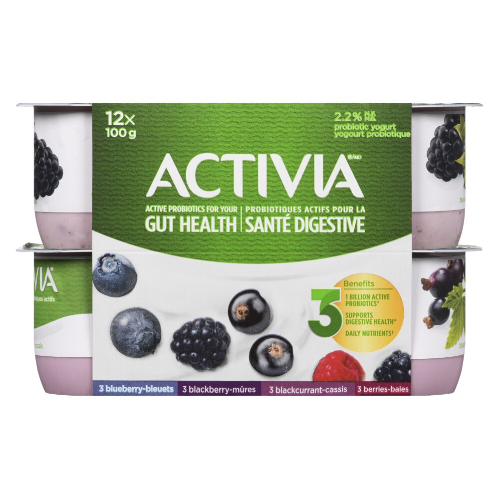Activia Blackberry, Blueberry, Blackcurrant, Raspberry-Blackberry Probiotic Yogurt 12x100g