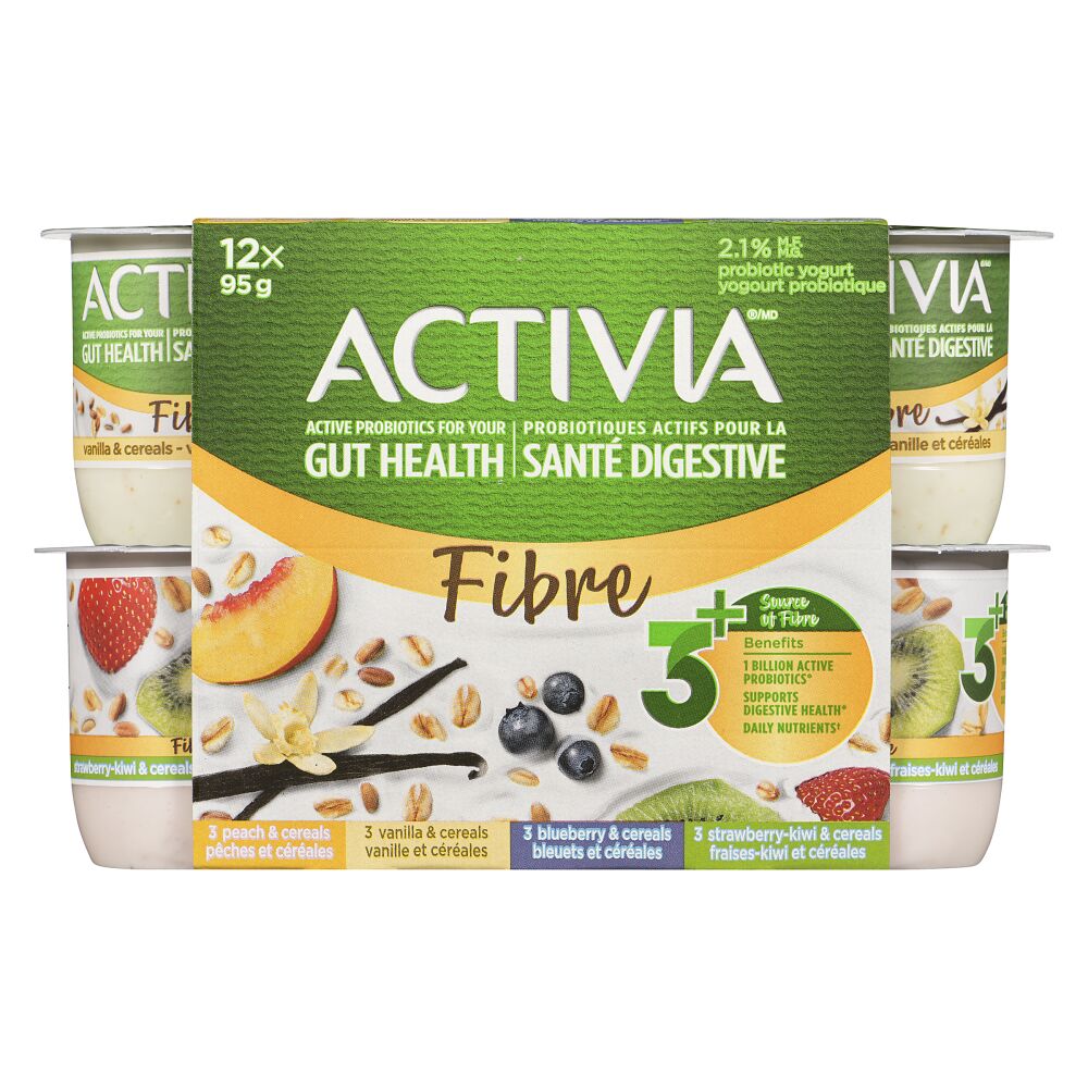 Activia Peach, Blueberry, Vanilla And Strawberry-Kiwi With Cereals Probiotic Yogurt 12x95g