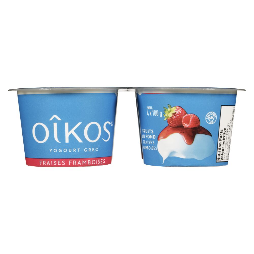 Oîkos Yogourt grec fruits au fond fraises framboises 2% M.G. 4x100g