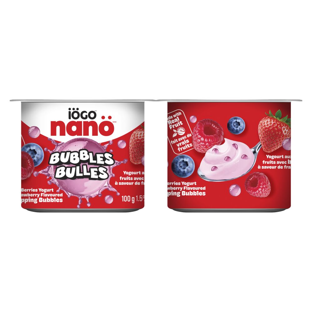 Iögo Nanö Mixed Berries Yogurt with Strawberry Flavoured Poppoing Bubbles 1.5% M.F. 4x100g