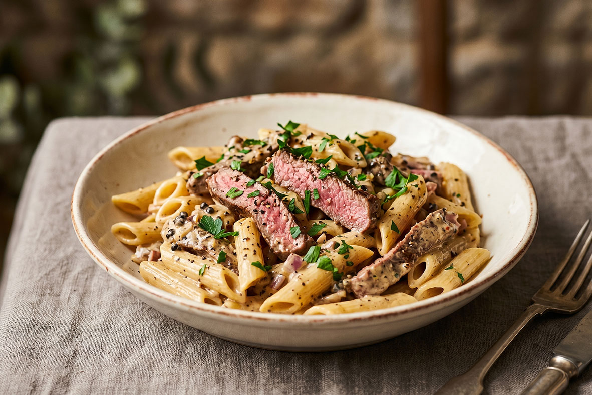 Penne avec boeuf au poivre