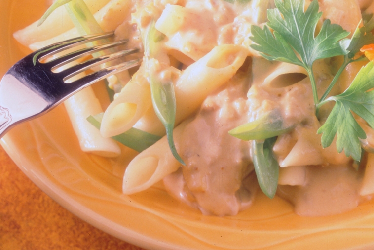 Penne et haricots verts, sauce à la citrouille et aux pleurotes