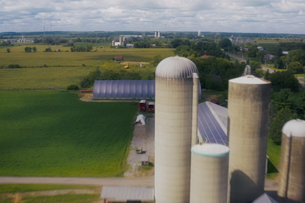 Aerial view of solar panels on a Canadian dairy farm