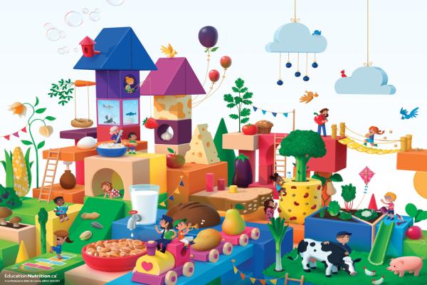 Village de blocs de bois et d’aliments nutritifs