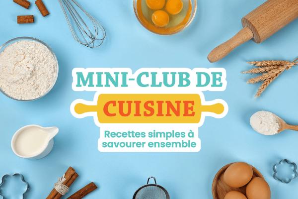 Logo Mini Club de cuisine entouré d’ingrédients pour cuisiner et ustensiles de cuisine sur un fond bleu