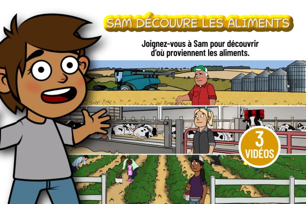 Illustration d'un jeune enfant et une ferme de blé, une ferme laitière et un champ de fraises.