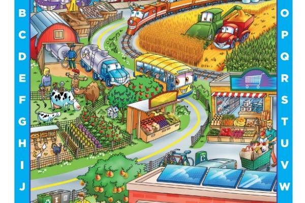Affiche présentant des aliments, des animaux de la ferme et des enfants 