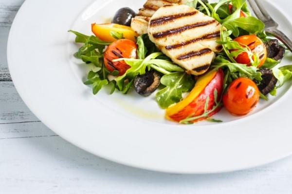 Grilled Halloumi, Heirloom Cherry Tomato and Peach Salad