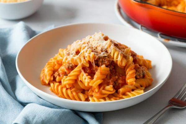 Pâtes rotini fraîches au fromage cottage crémeux, garnies de fromage râpé dans un bol