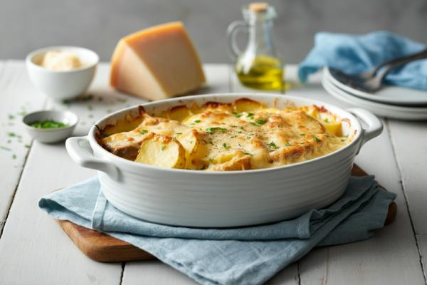 Gratin doré de porc et pommes de terre dans un plat de cuisson