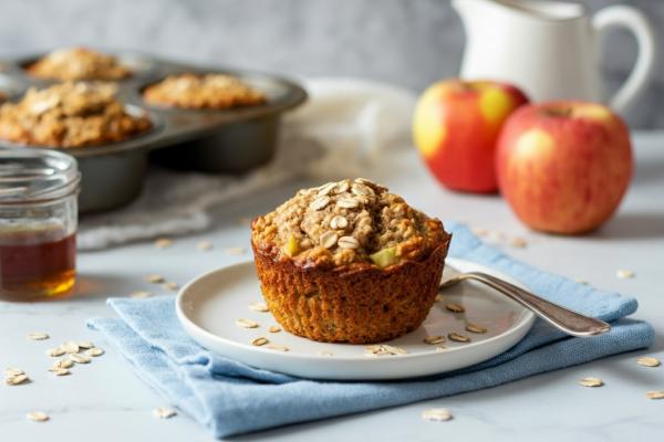 Muffin à l’avoine, aux pommes et au sirop d’érable sur une assiette, avec des pommes fraîches en arrière-plan