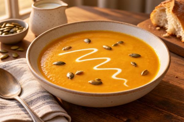 Crème de citrouille sucrée au miel et à l'ail rôti
