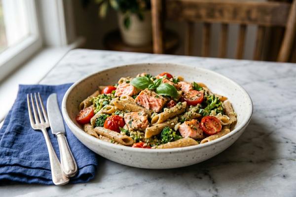 Penne primavera et saumon frais