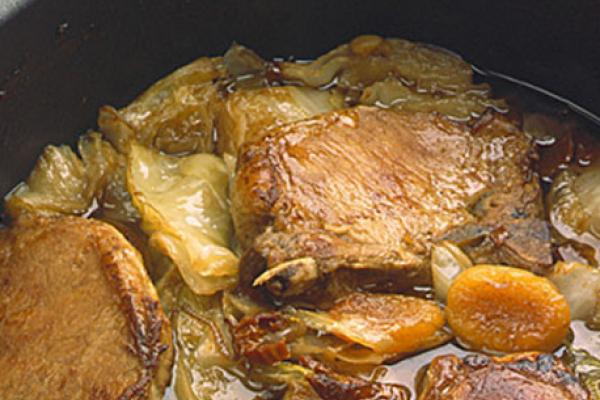 braised pork chops with cabbage and dried apricots