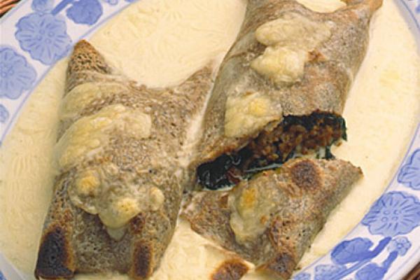 buckwheat crepes with ground pork and spinach filling