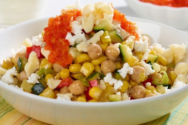 corn squash succotash with canadian cheese and bell pepper jam