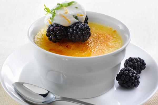 creme brulee with tarragon cream and blackberry