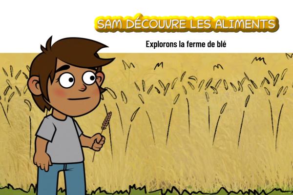 Un enfant tenant une tige de blé debout devant un champ de blé. 