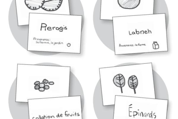 Quatre cartes d’image d’aliment dessinées à la main, qui affichent des pérogies, du labneh, une collation aux fruits et des feuilles d’épinard.