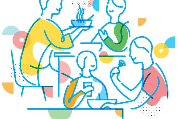 Graphic of four people eating a meal at the table