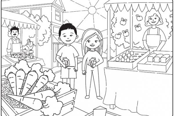 Illustration dessinée de deux élèves dans un marché