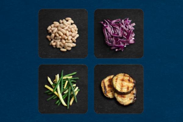 Diapositive montrant quatre images d’aliment : des graines de haricot, du chou, des haricots verts et jaunes et des tranches d’aubergine. 
