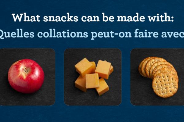 Slide that reads “what snacks can be made with:” “Quelles collations peut-on faire avec :”. Images of apple, Cheddar cheese, and crackers below.