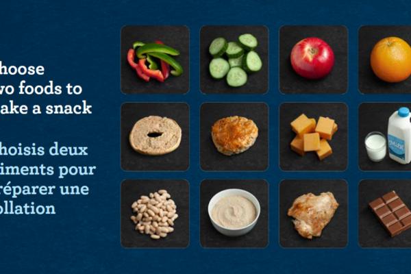 Diapositive montrant 12 cartes d’image d’aliment accompagnées du texte « Choisissez deux aliments pour préparer une collation ».