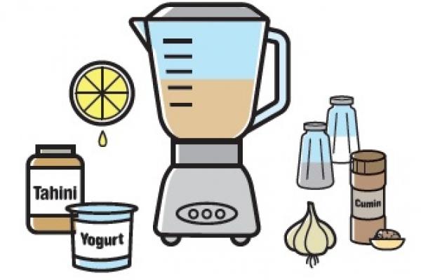 Illustration dessinée d’ingrédients entourant un mélangeur. 