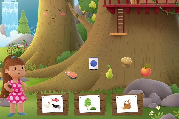 Petite fille du jeu interactif en ligne sur le thème de la saine alimentation