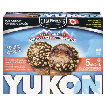 Chapman's Grizzli Cone Chocolate, Salty Caramel, Peanuts & Milk Chocolate Ball Top Ice Cream Cones 5x140ml