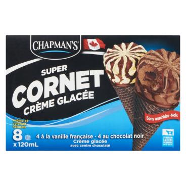 Chapman's Super cornets de crème glacée vanille française et chocolat noir 8x120ml