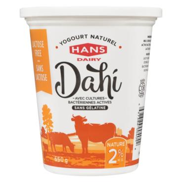 Hans Dairy Dahi yogourt naturel nature sans lactose 2% M.G. 650g
